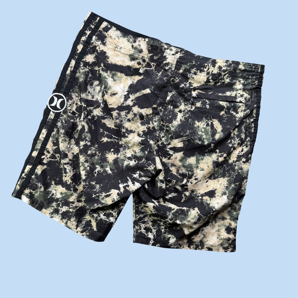 Hurley Board Shorts L Men 36 Black Tan Tie Dye Acid Wash Swim Trunks Surf Pocket